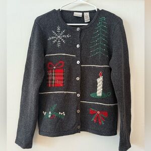 Villager Charcoal Cardigan with Snowflake and Tree Design Christmas